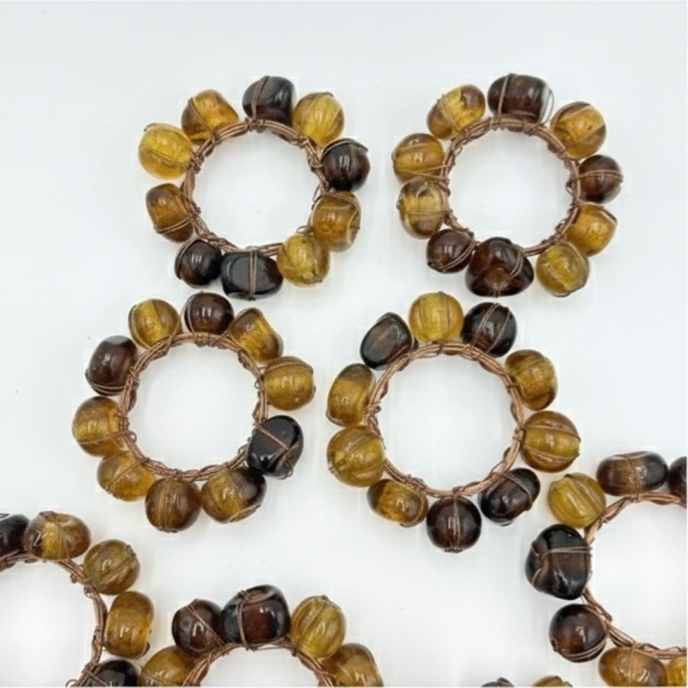 Bombay Set 12 Napkin Rings Amber Gold Brown Glass Copper Wired Thanksgiving Boho